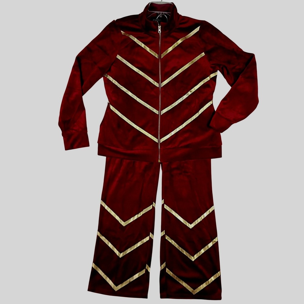 Ashro Vintage Crush Velvet Tracksuit Women Medium Red Gold Chevron Zip Up Set